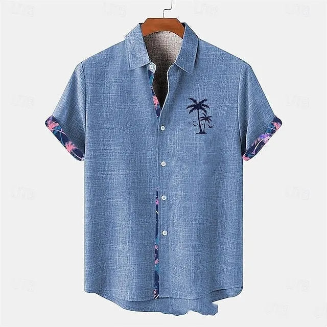 Linen short sleeve casual shirt with ocean fish pattern on lapel, loose fit for teenagers