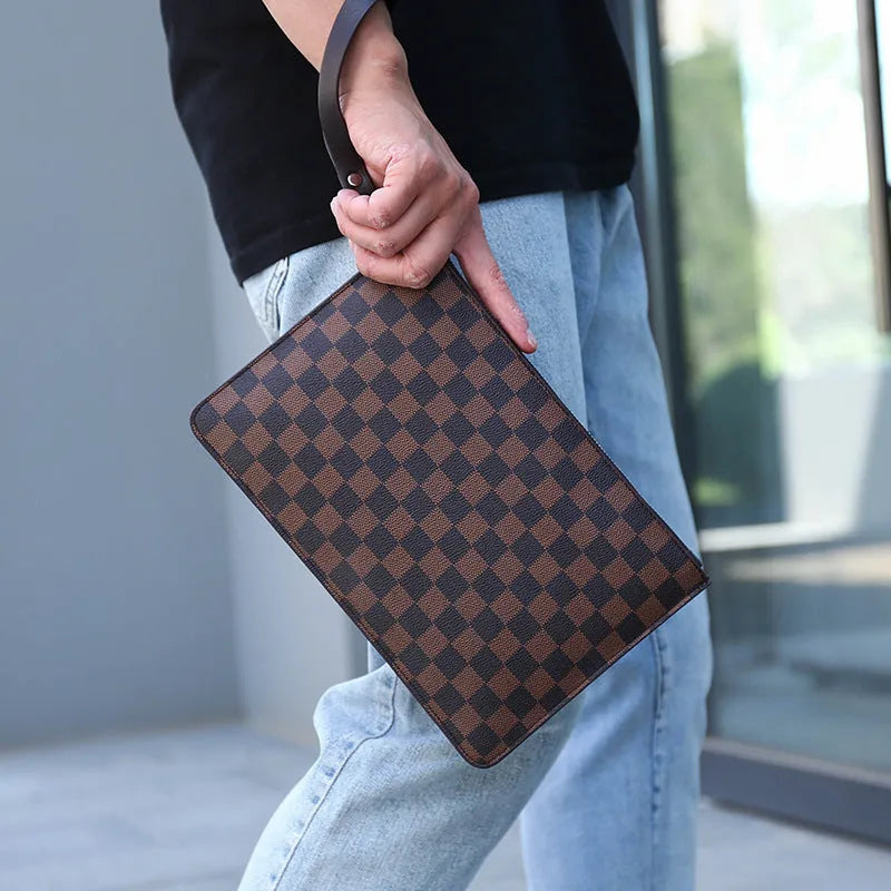 Men's soft PU leather clutch wallet with card slots and checkered pattern options