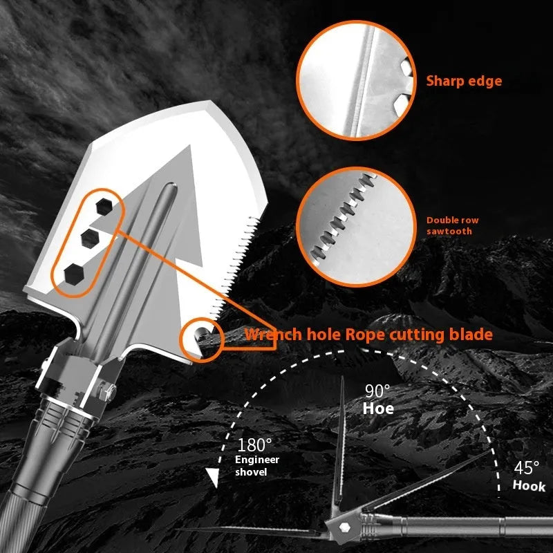 Black multi-functional military shovel set with axe and knife, packed in a hard carry case.