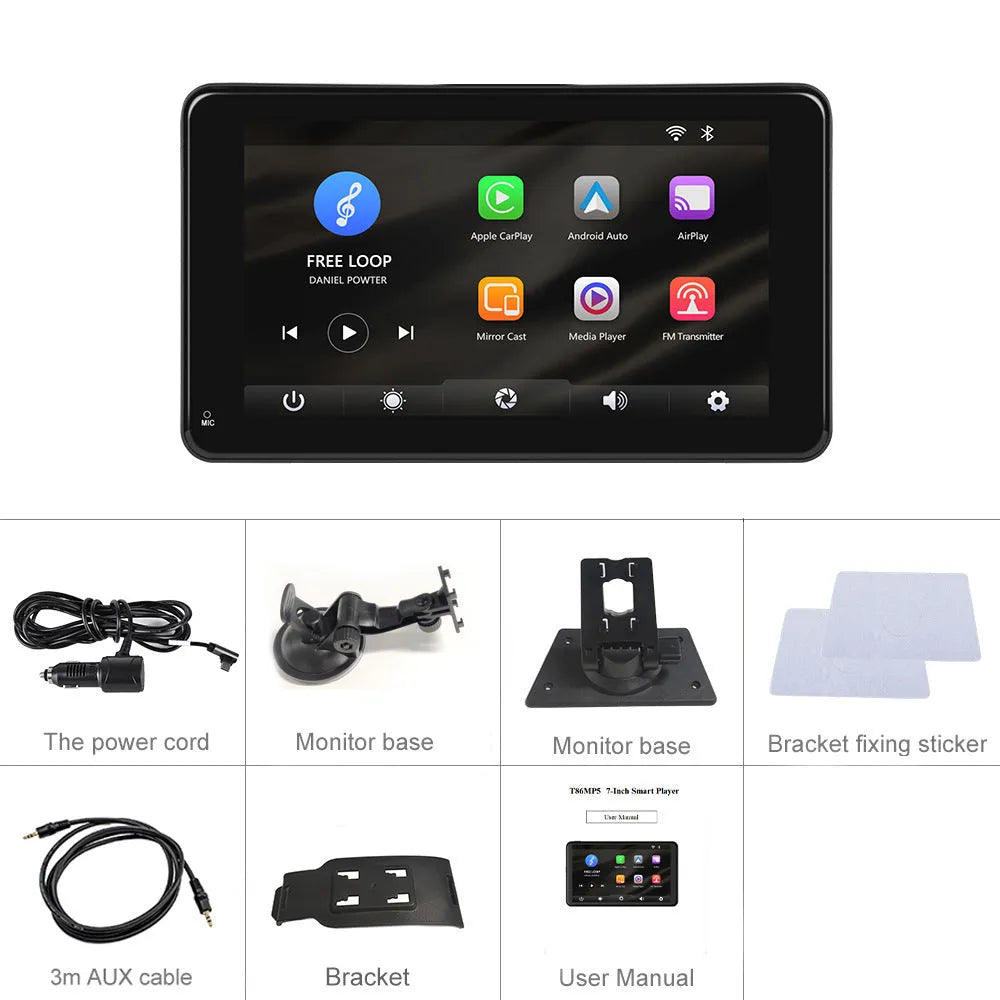 7-inch HD wired band video player with universal support mounts and cigarette lighter plug for car use.