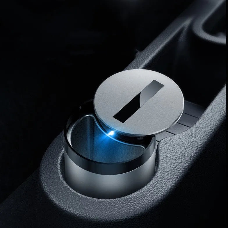 Automatic opening car ashtray in gun grey colour showing compact 7x10cm size.
