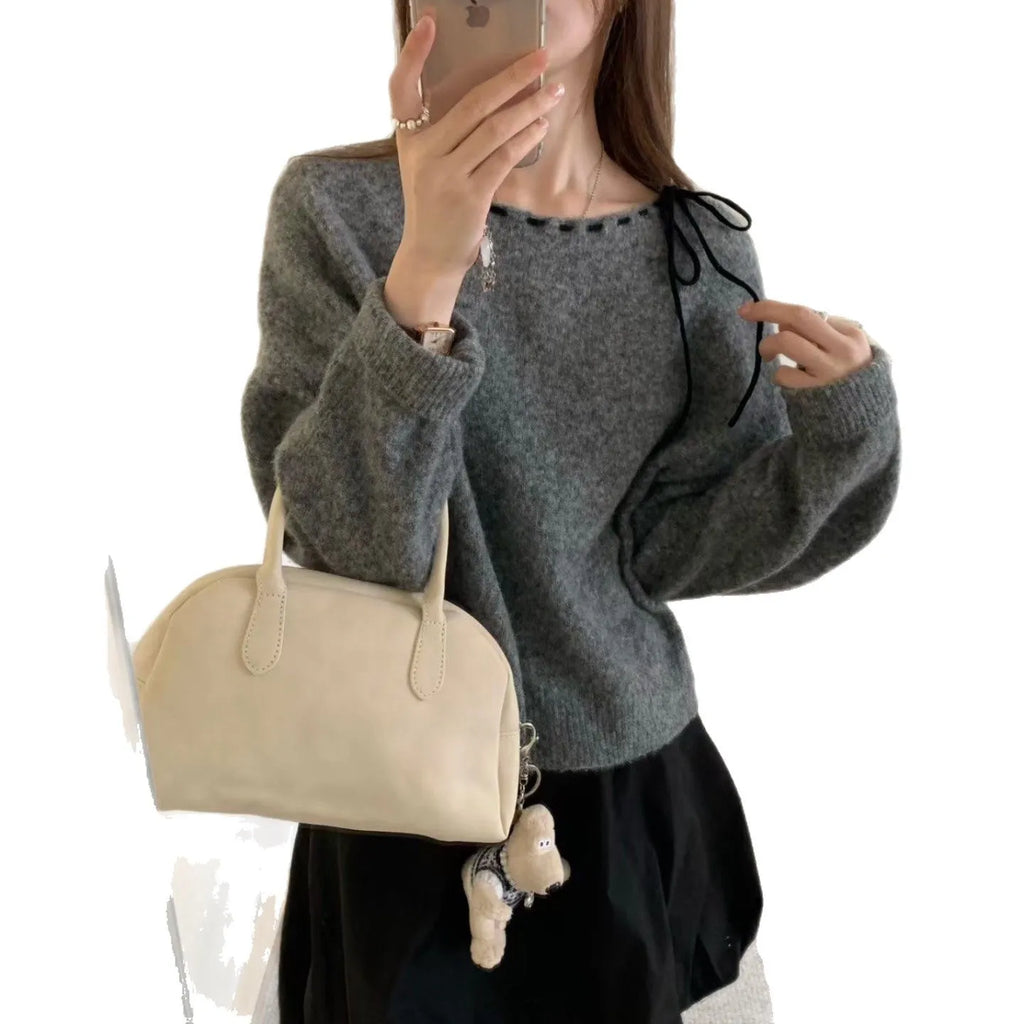 Grey loose fit women's pullover knitwear jumper made from regenerated cellulose fibre