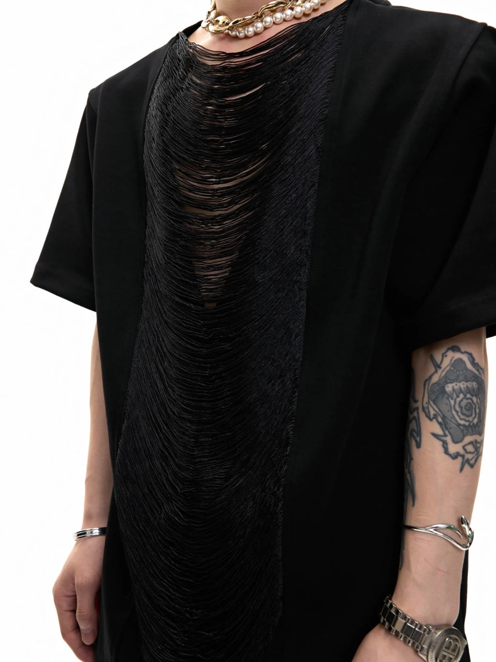 Men's black V-neck loose fit t-shirt with short sleeves and tassel detail