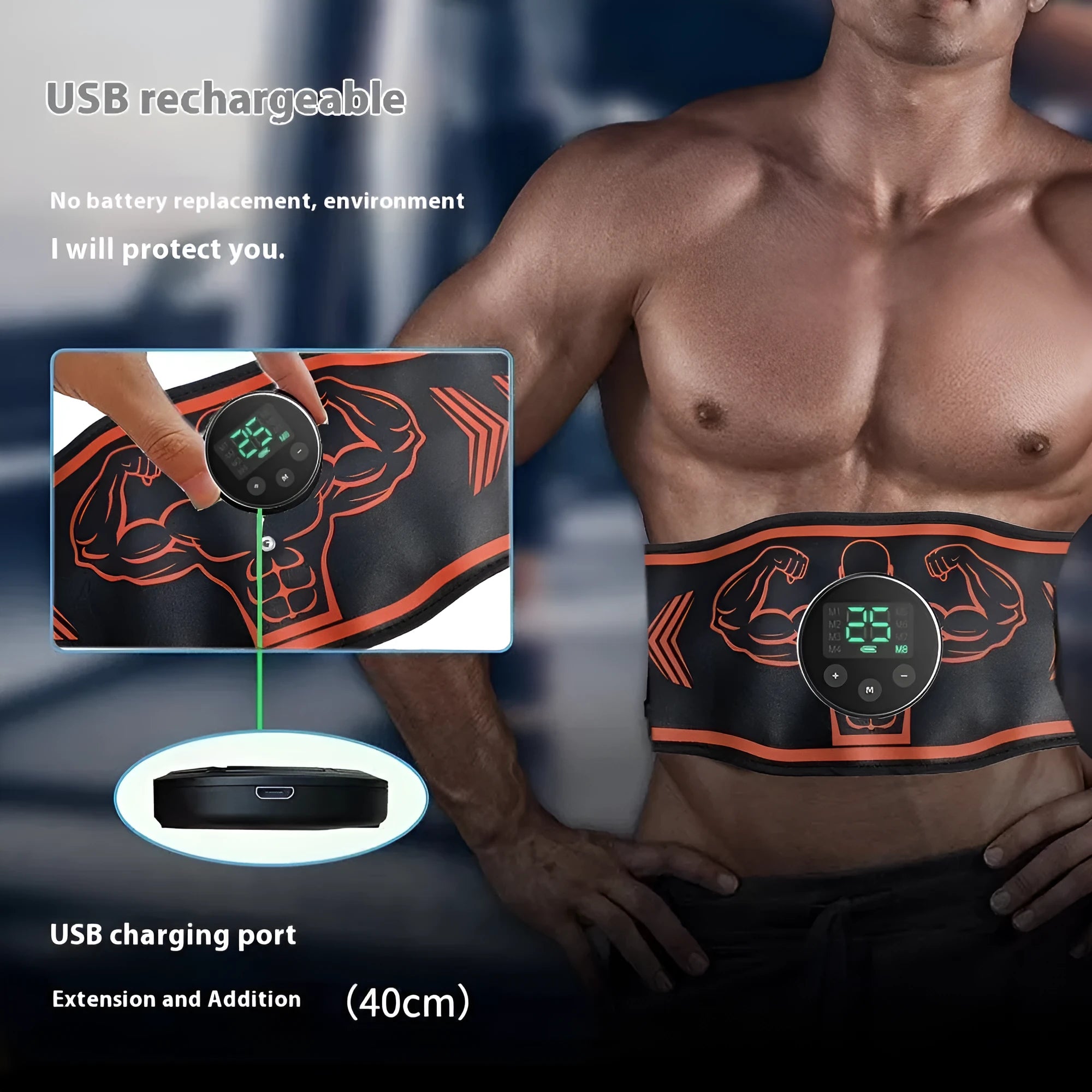 Blue and orange rechargeable EMS smart massage belt with host unit, belt, and arm stickers.