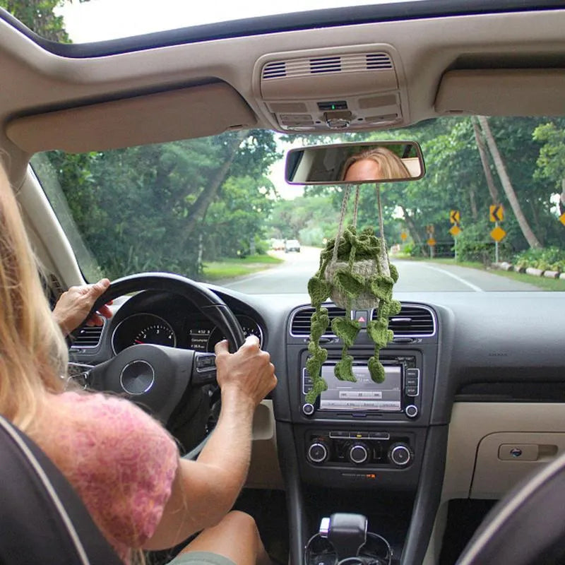 Green and white knitted wool car plant decoration with 8cm base and hanging rope