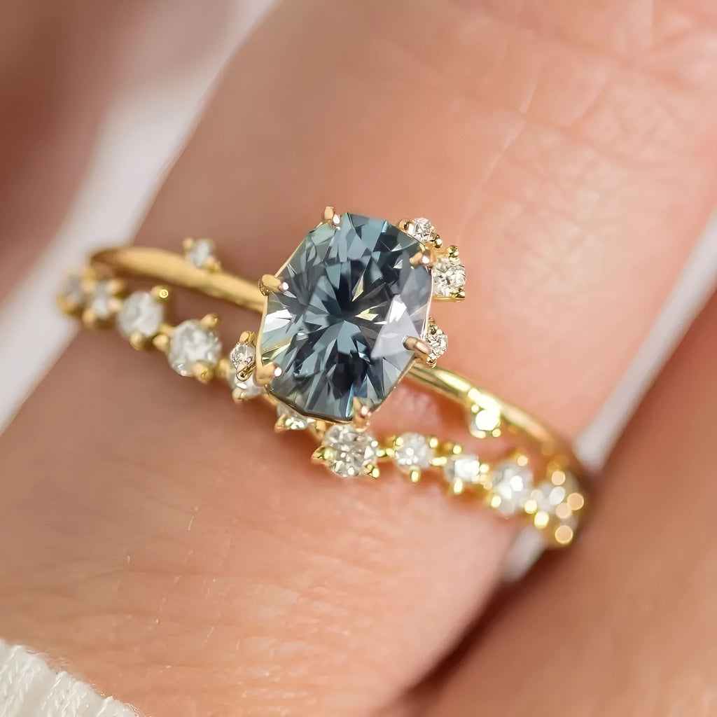 Gold-plated women's ring with green zircon centre stone in floral design showing couple set
