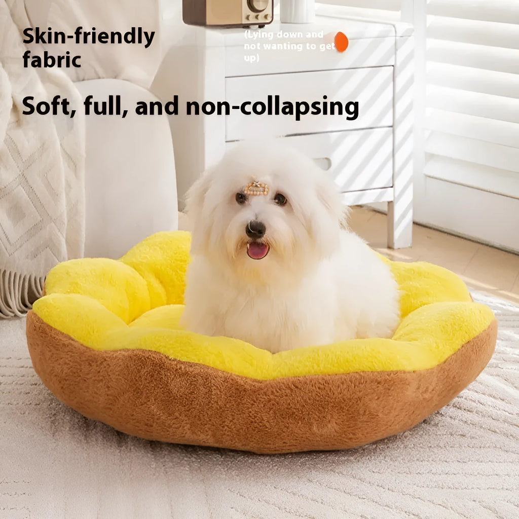 A thick, plush round cat bed with a removable cushion in a brown grey colour.