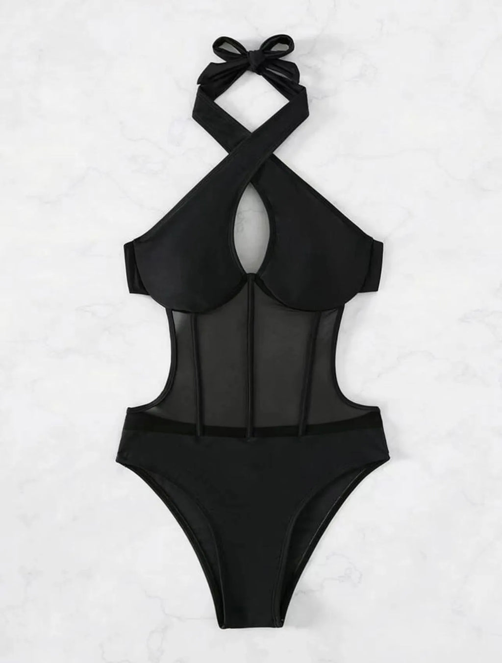 Women's black one-piece swimsuit made from nylon and spandex fabric on a mannequin.