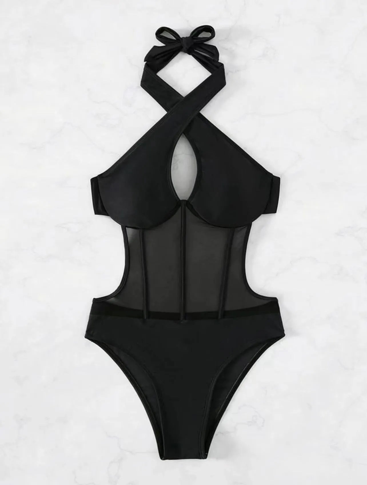 Women's black one-piece swimsuit made from nylon and spandex fabric on a mannequin.