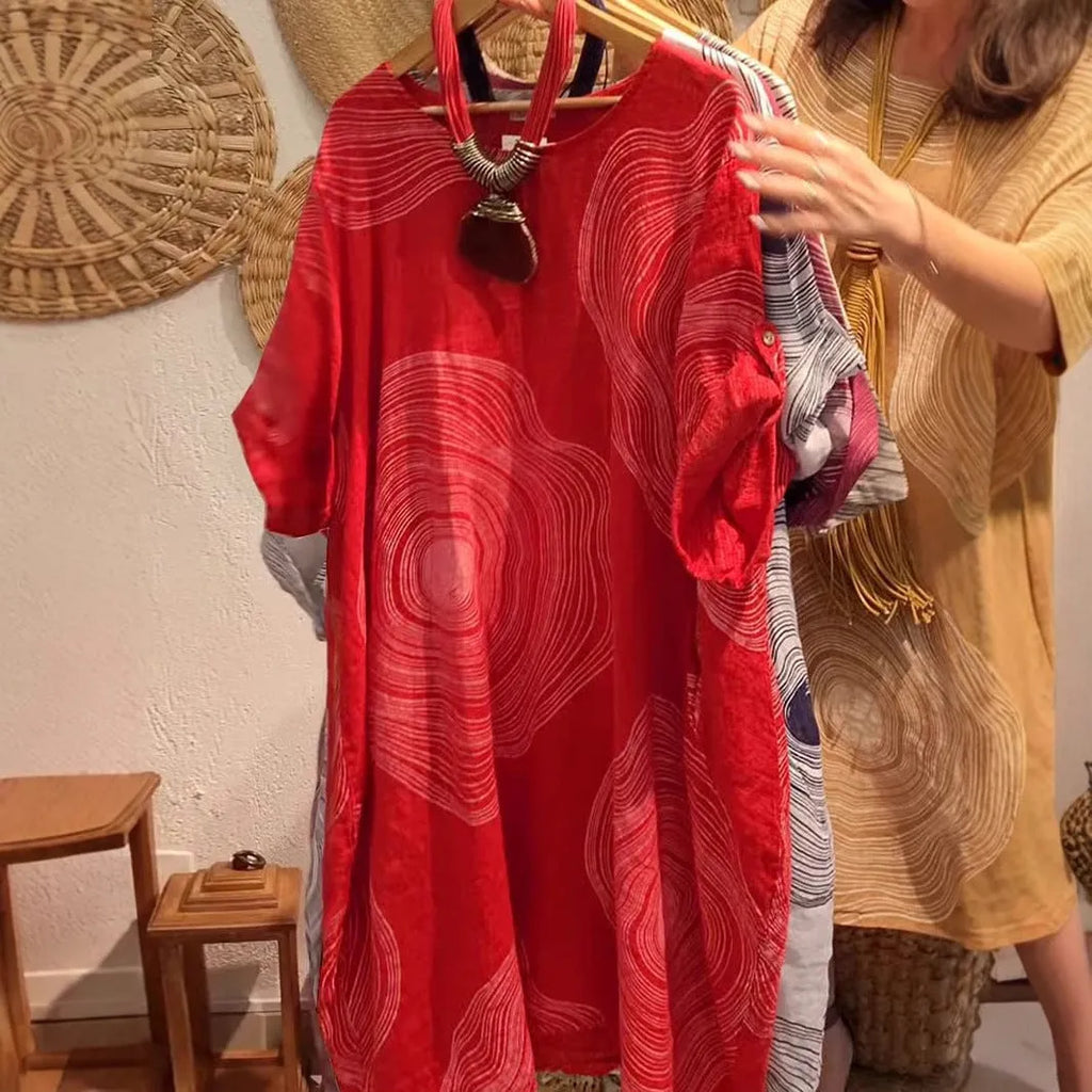 Women's round neck abstract 3D print A-line mid-waist dress in red, size M, front view