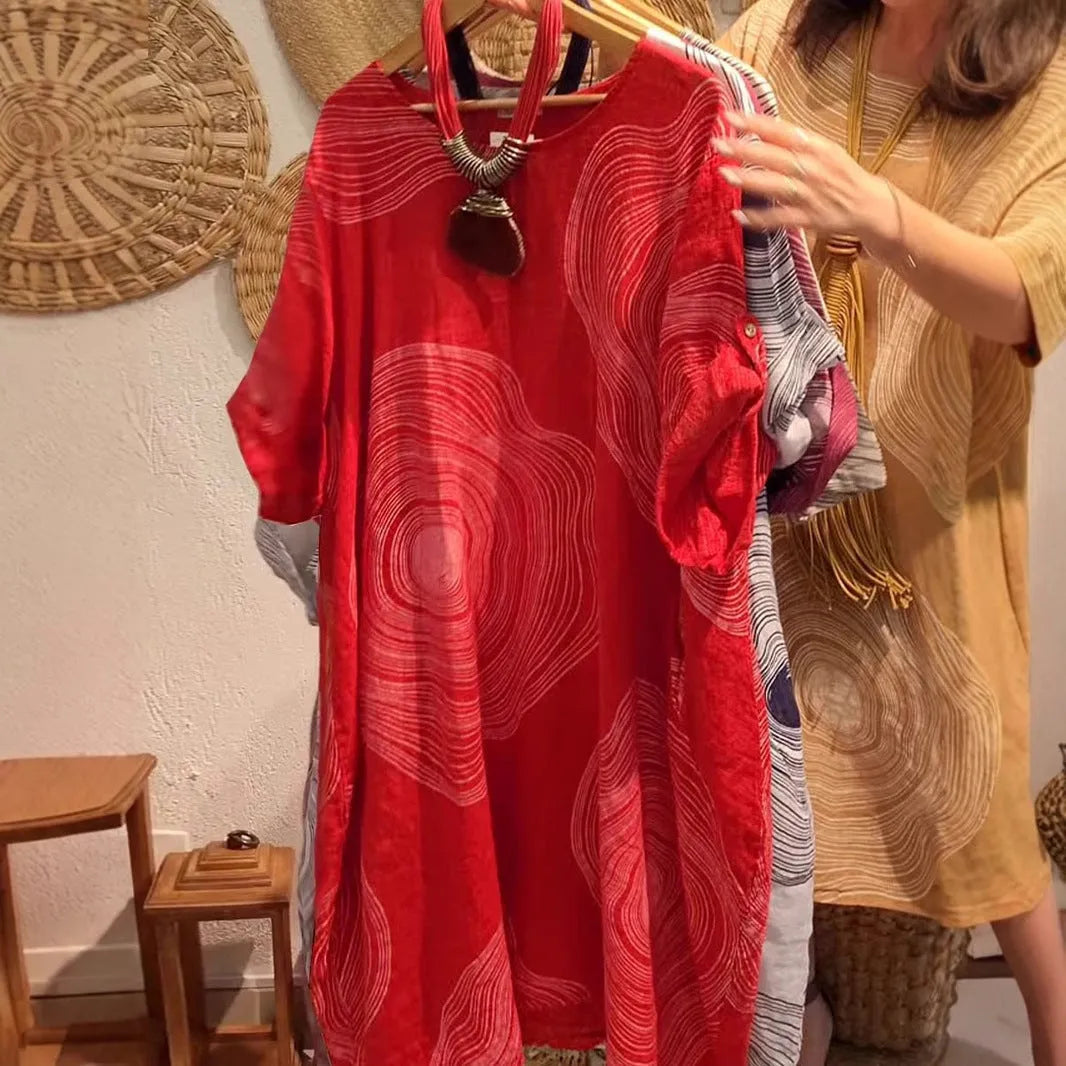 Women's round neck abstract 3D print A-line mid-waist dress in red, size M, front view