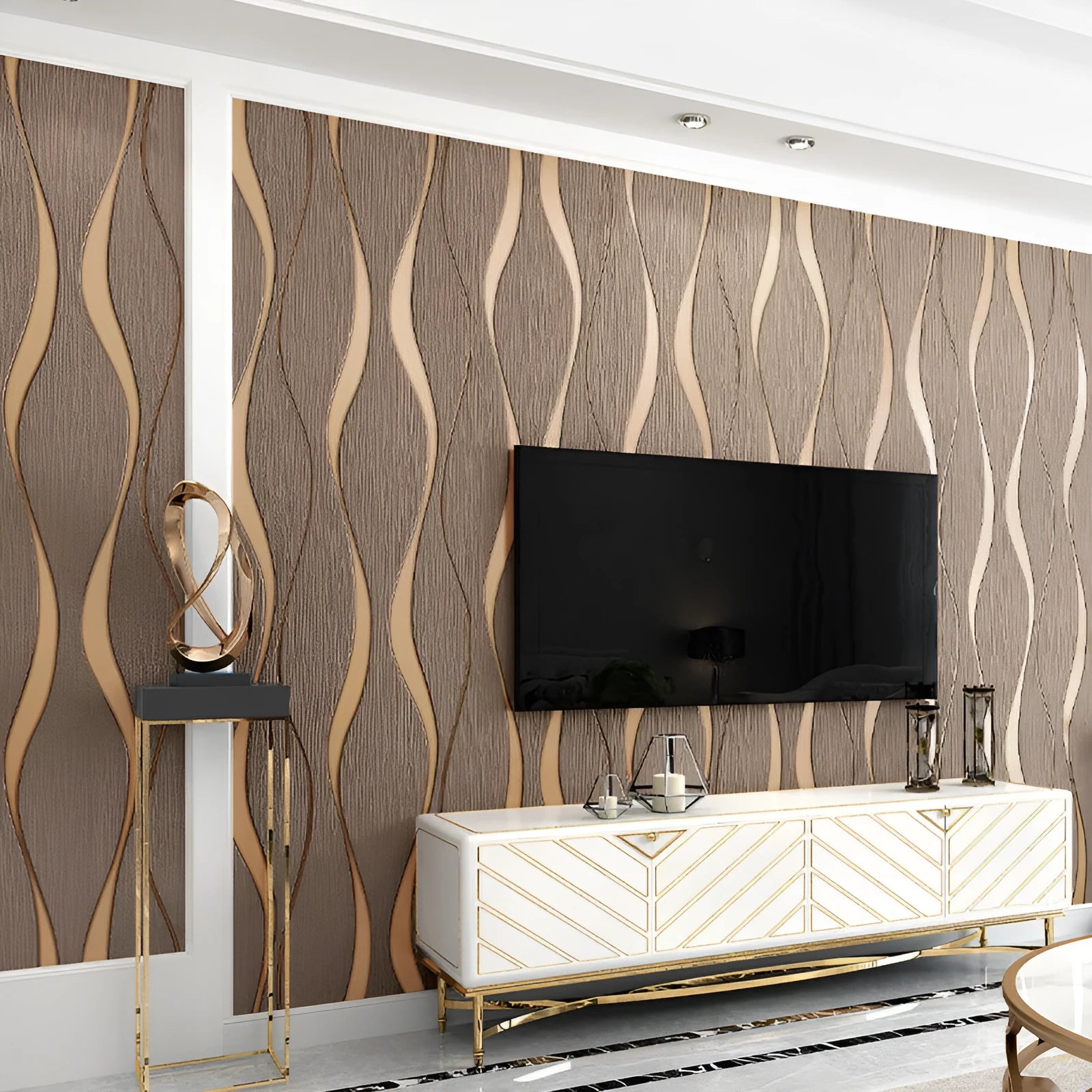 Roll of curve stripe decorative wallpaper with thick deerskin velvet texture in dark brown and light grey.