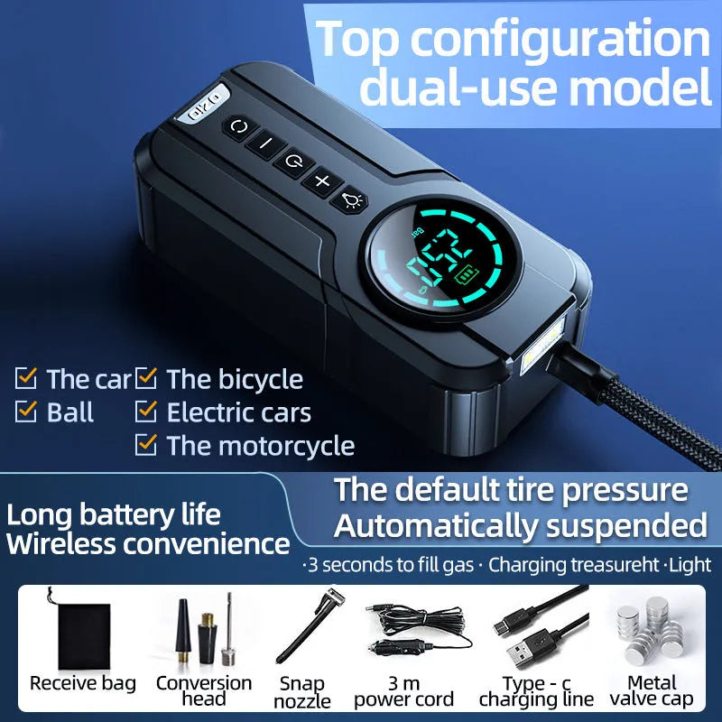 Portable wireless air pump with 6000mAh battery, 13cm hose, and multiple nozzles on a grey background.
