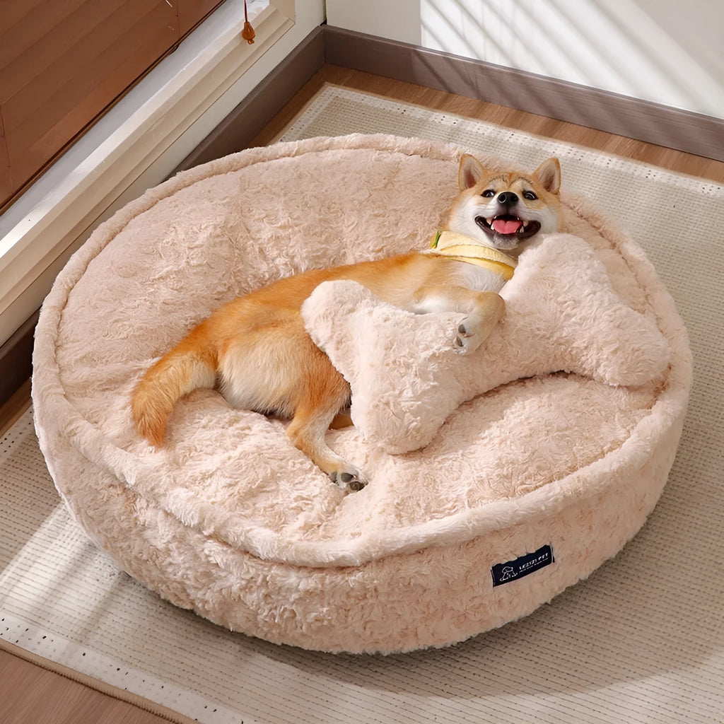 Round nest style pet bed in milk tea colour with removable washable cloth cover