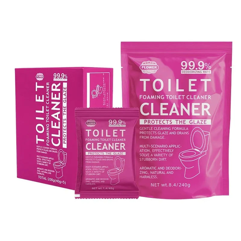 Box and sachets of effervescent toilet bubble powder cleaner in blue and pink variants.