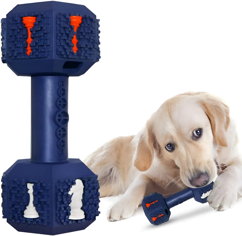 Durable rubber dumbbell dog chew toy with hollow ends for treats and textured cleaning surface