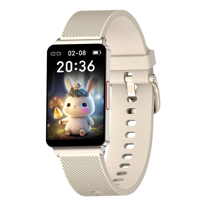 Blood Glucose EP08 smart bracelet in black on wrist, showing touch screen and USB magnetic charger.