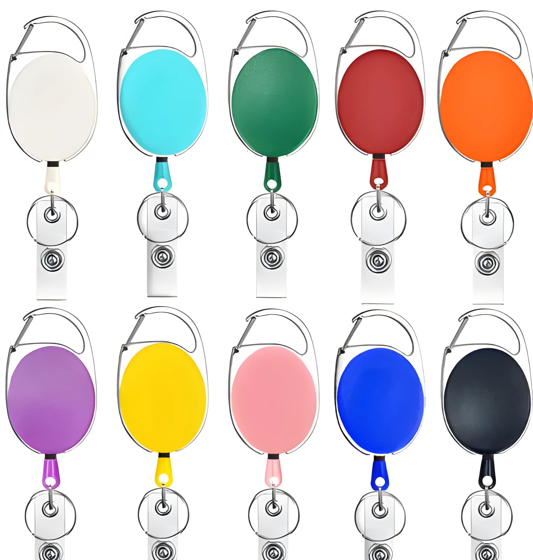 Zinc alloy metal retractable keychain with easy-pull tag in multiple colours, 4cm size, on a plain background