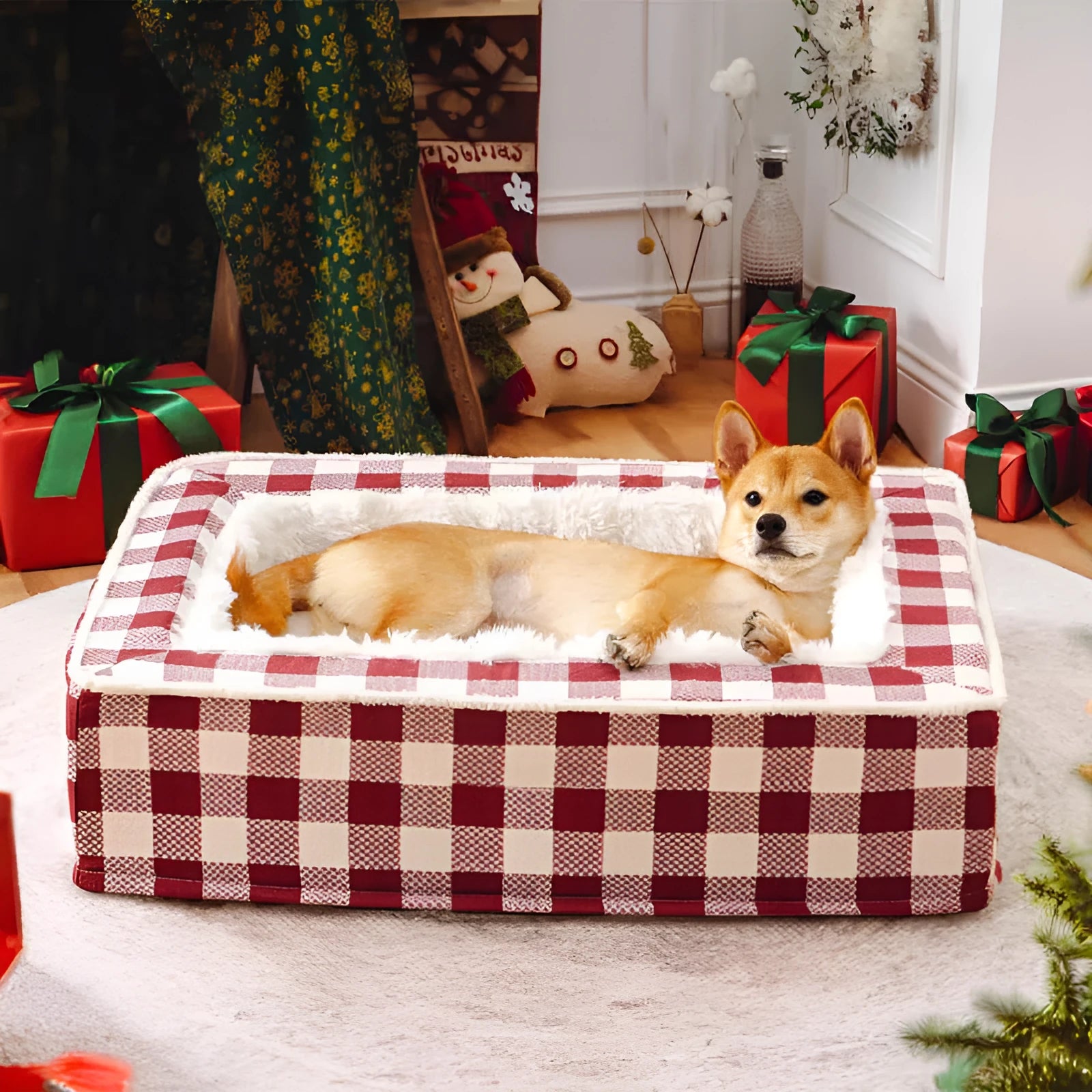 Classic plaid dog kennel cushion with removable cover in multiple colour options and sizes