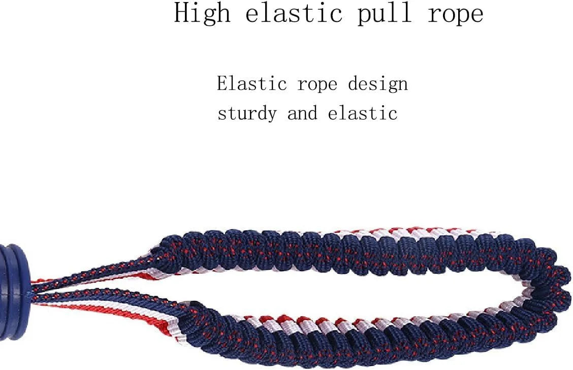 Blue and red natural rubber dog ball attached to a rope for tug-of-war and teeth cleaning.