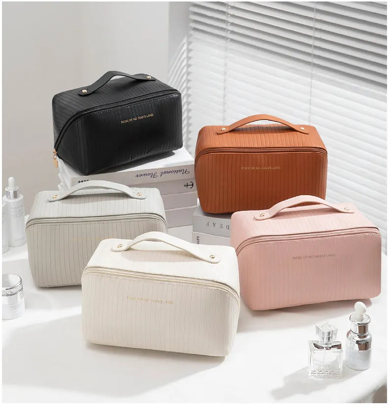 Vertical pattern pillow makeup bag cubic shape 22.5cm PU material beige black brown grey pink options