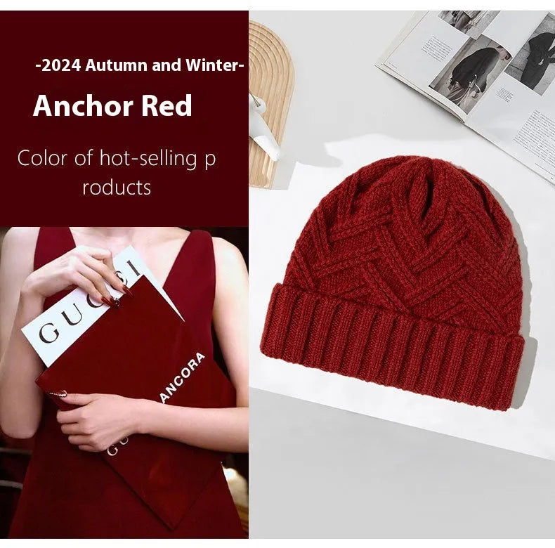 Wool knitted dome beanie hat in six colour options showing ivory white, khaki, red, brown, gray, and black variations