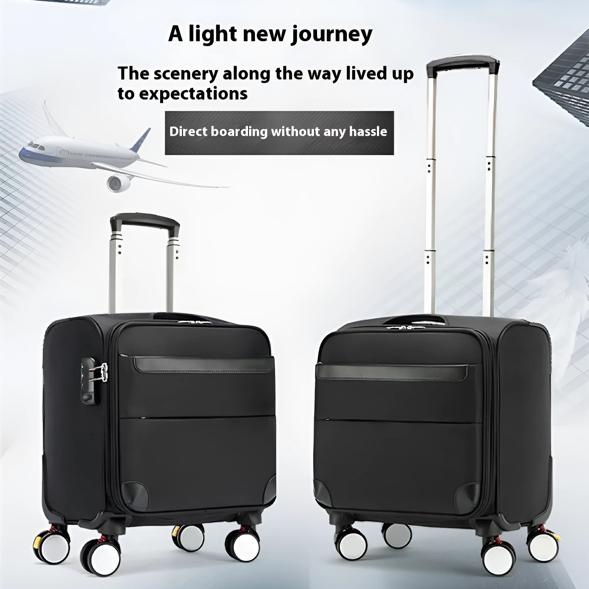 18-inch black Oxford cloth cabin suitcase with telescopic handle and wheels.