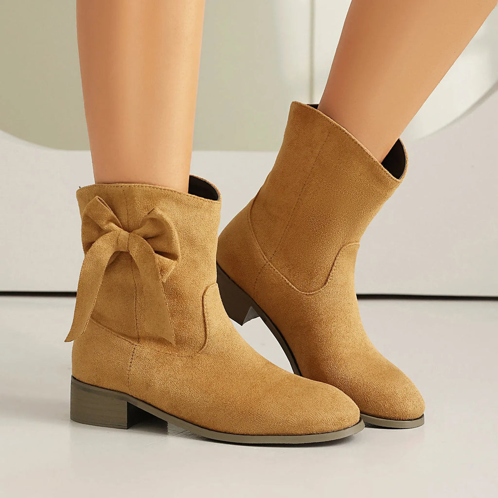 Low heel suede sweet bow casual boots for women, square toe, low tube, in burgundy with bow detail