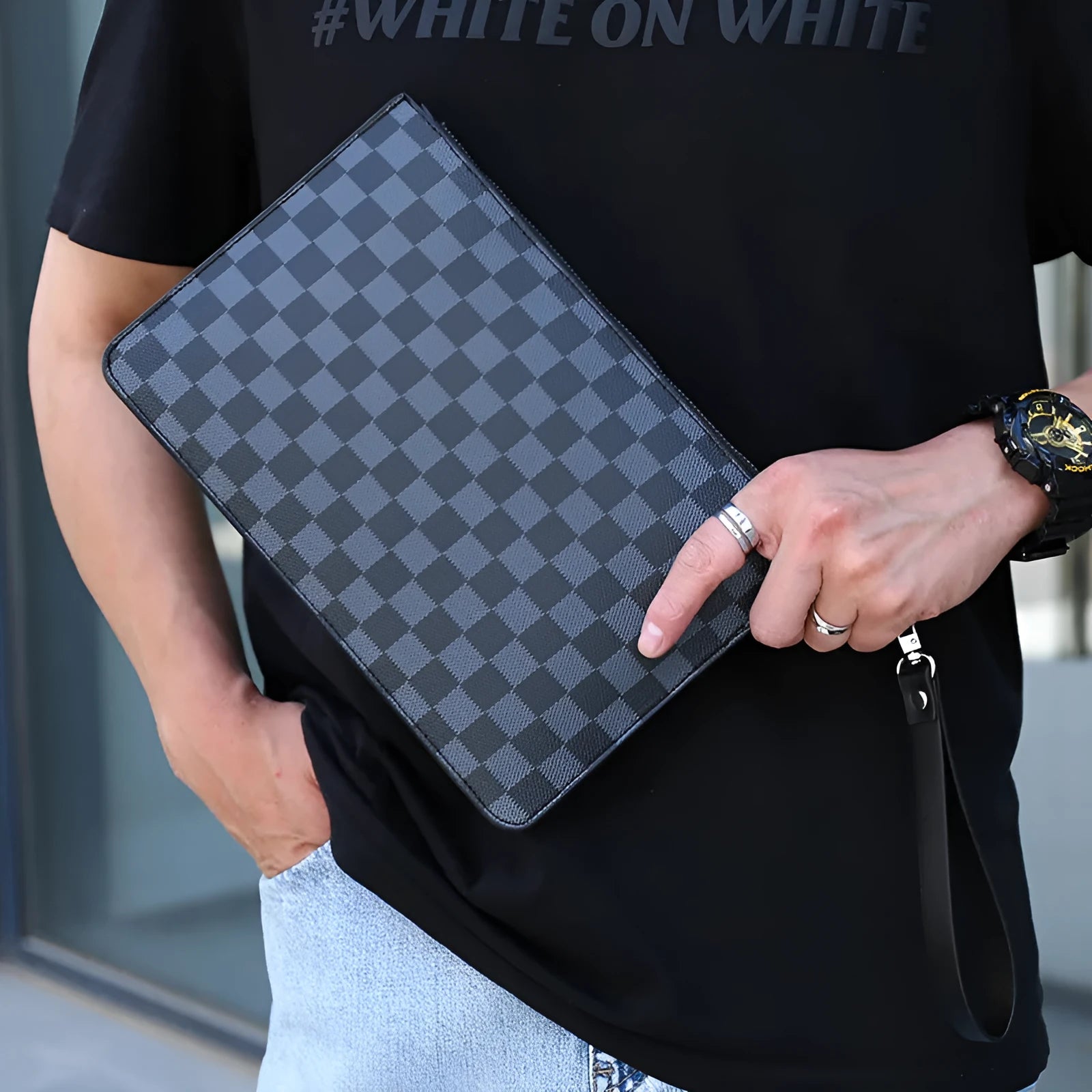 Men's soft PU leather clutch wallet with card slots and checkered pattern options