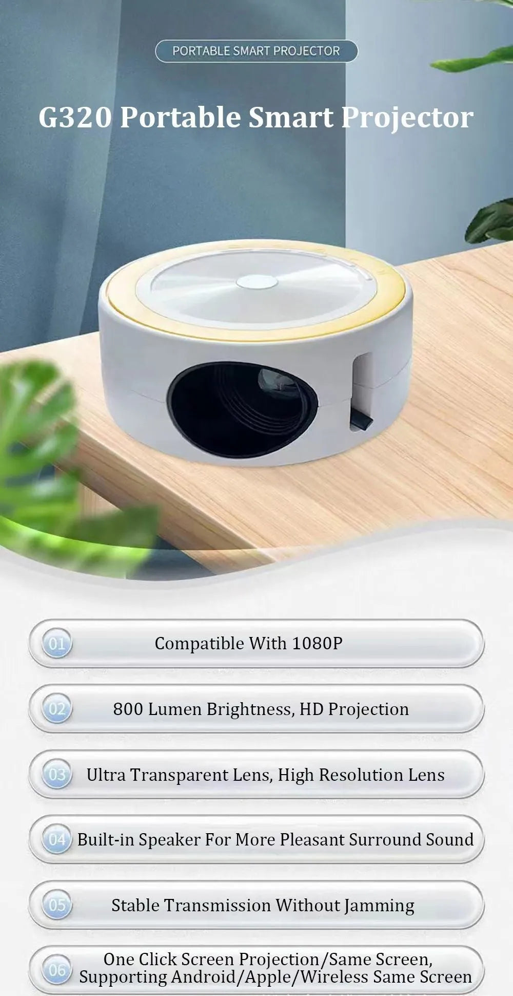 YT200 portable home LED projector with same screen connectivity in black, white, yellow and white, or blue and white colours measuring 110mm x 47mm