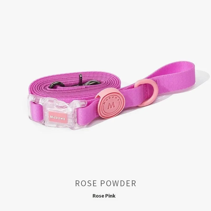 Nylon dog collar and leash set in rose pink, showing clip and length options.