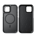 Black shatterproof magnetic phone case for iPhone 12 and 13 Pro models showing dimensions and material details