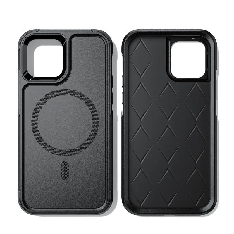 Black shatterproof magnetic phone case for iPhone 12 and 13 Pro models showing dimensions and material details