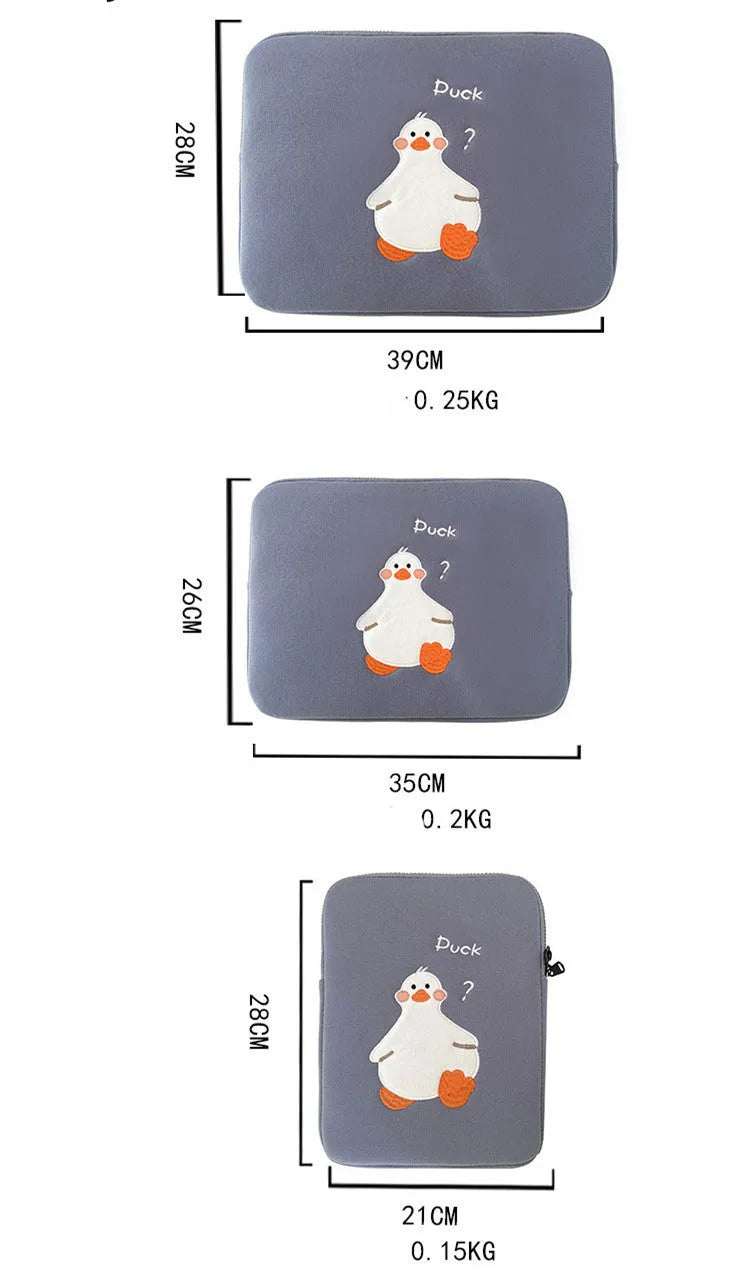 Blue cotton tablet case with embroidered cartoon duck design and a zip closure.