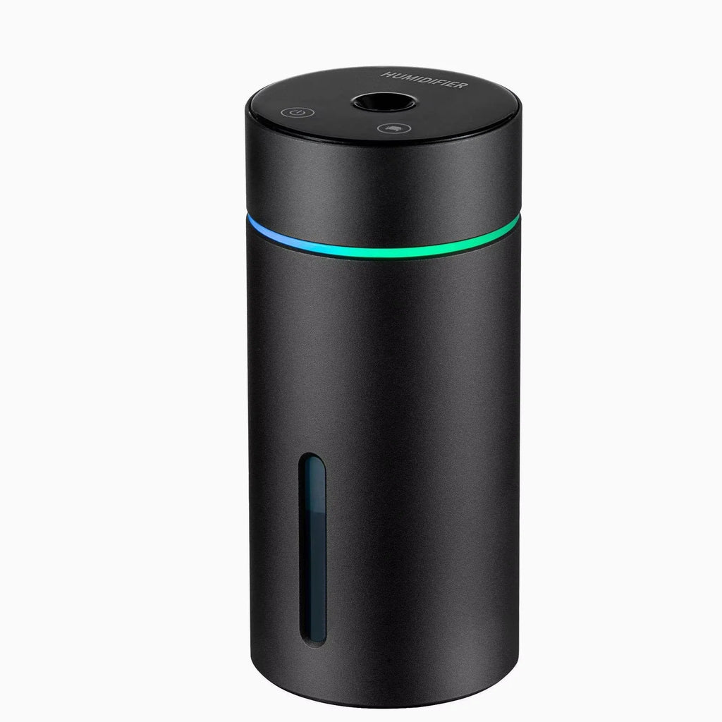 Black aluminium car humidifier and essential oil diffuser with coloured night light and USB cable