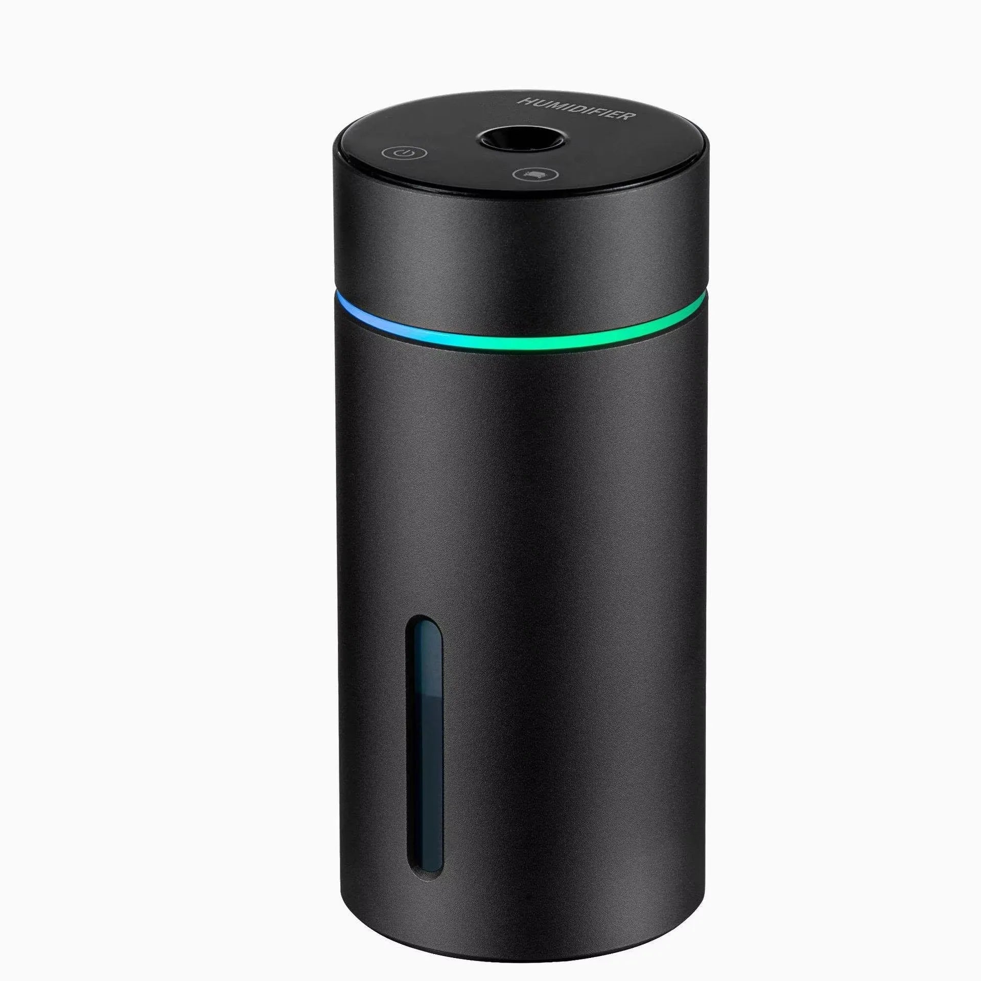 Black aluminium car humidifier and essential oil diffuser with coloured night light and USB cable
