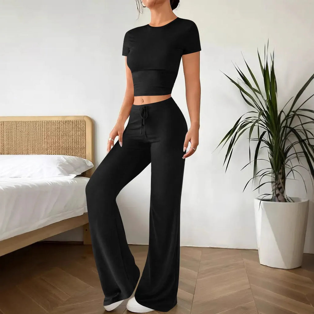 Black high waist trousers and short sleeve T-shirt suit set on hanger