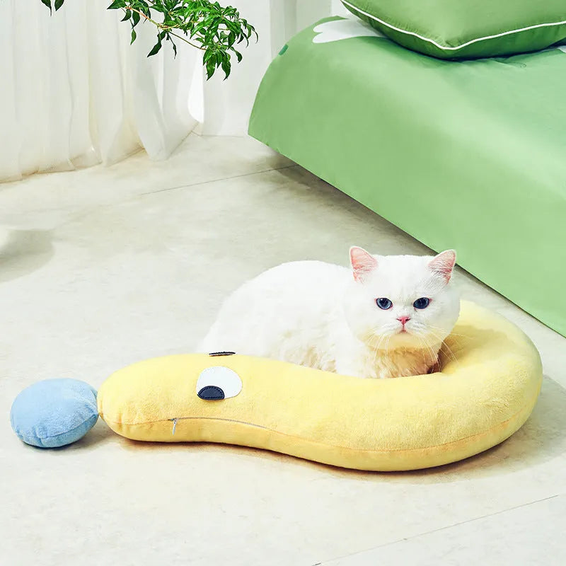 Blue and yellow rectangular pet pillow measuring 62 by 39 centimetres for dogs and cats.