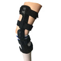 Black knee supporter brace with anterior ligament pad showing left and right variants