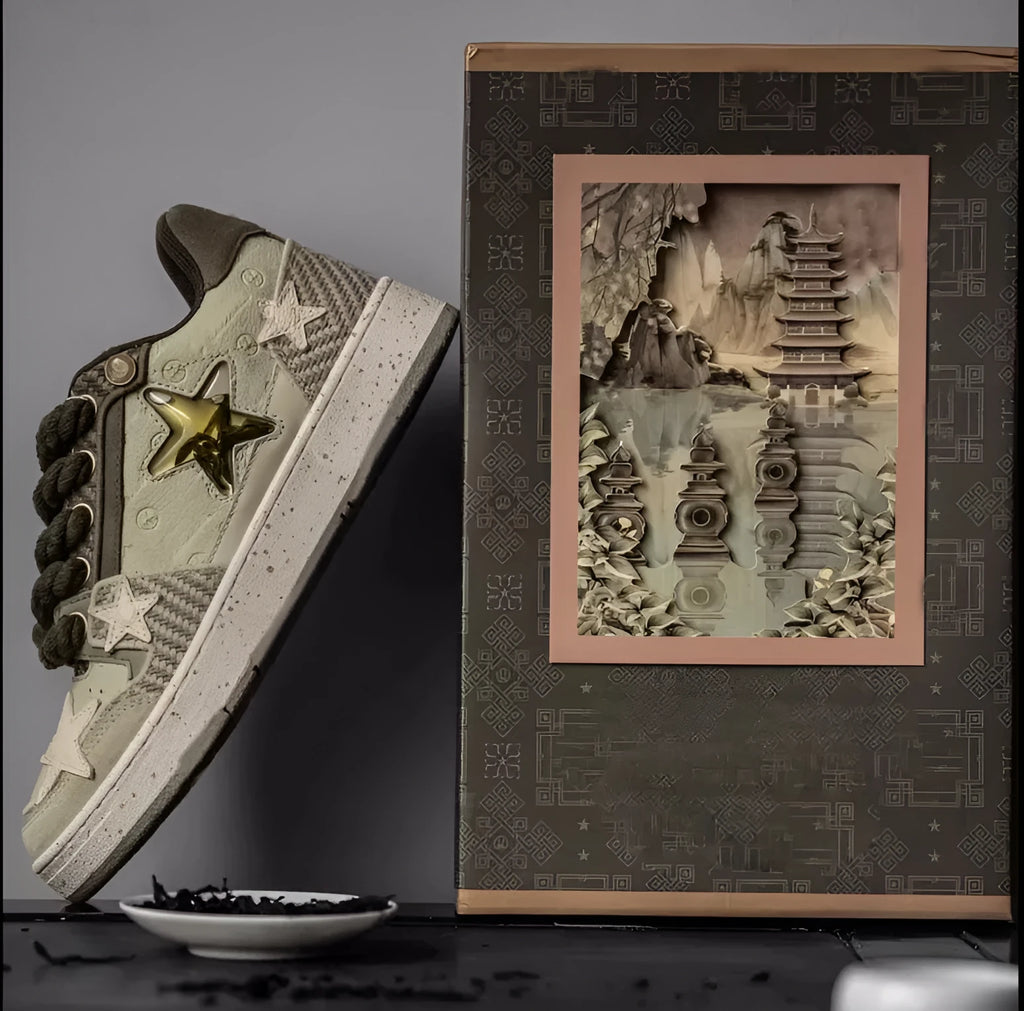 Green low-top casual shoes with star pattern detail and a thick rubber sole
