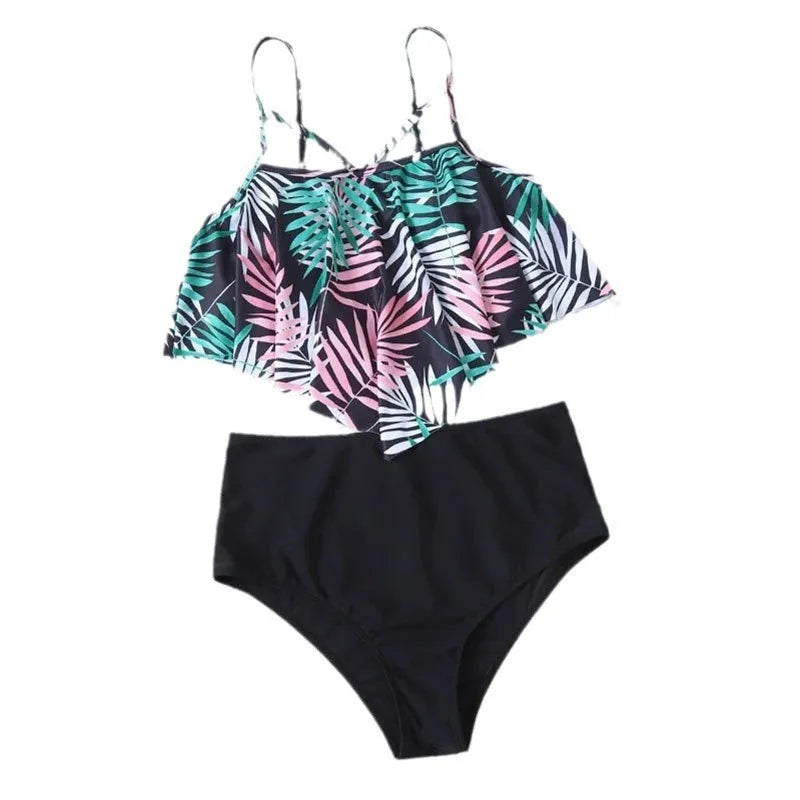 Women's printed high waist floral bikini with flounced design for swimming