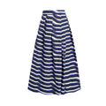 Women's vintage denim-colour one-piece swimsuit with a matching skirt laid flat.