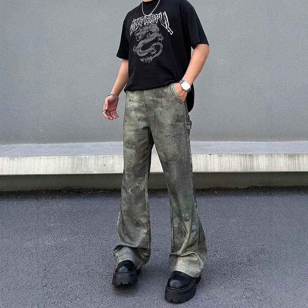 Men's straight-cut camouflage print denim jeans on a white background.
