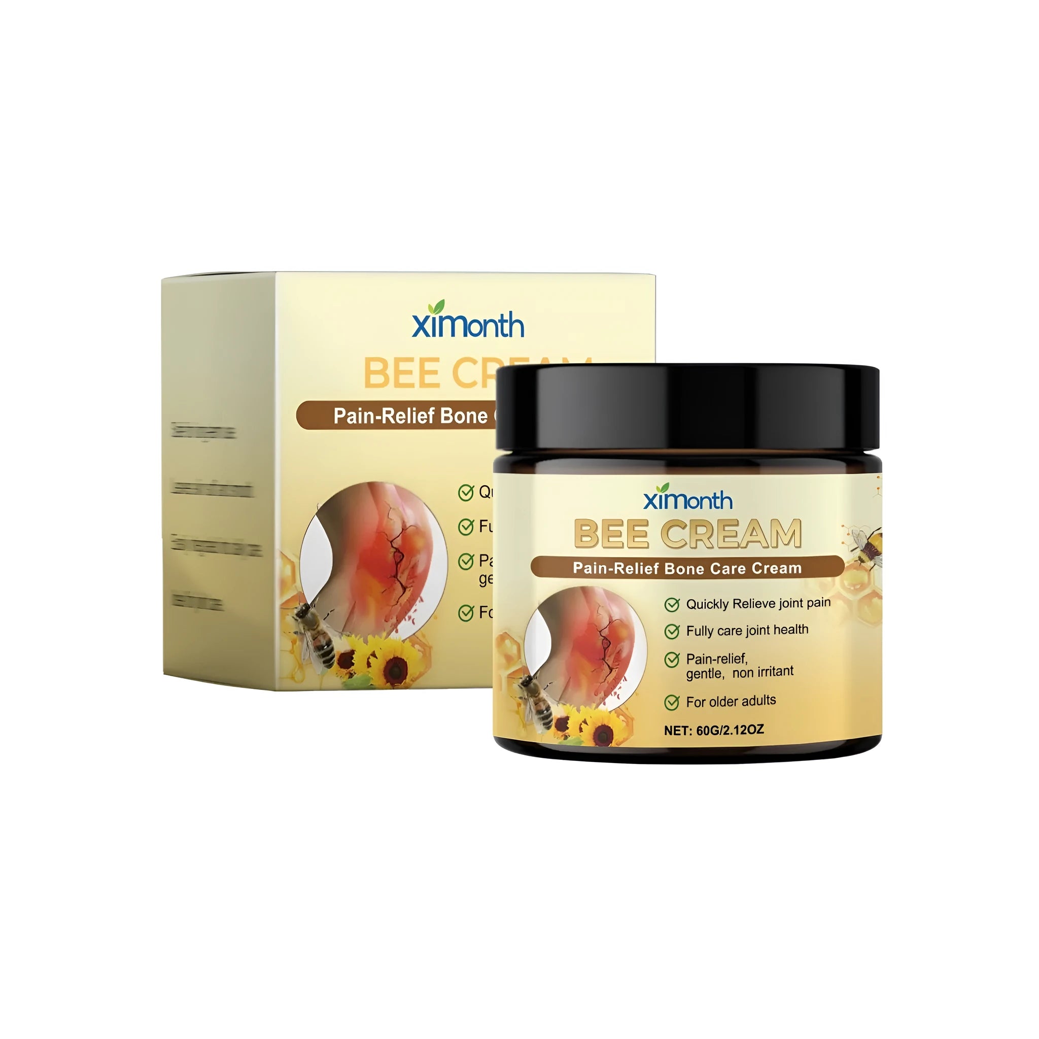 60g container of bee venom, arnica, and glucosamine pain relief cream.