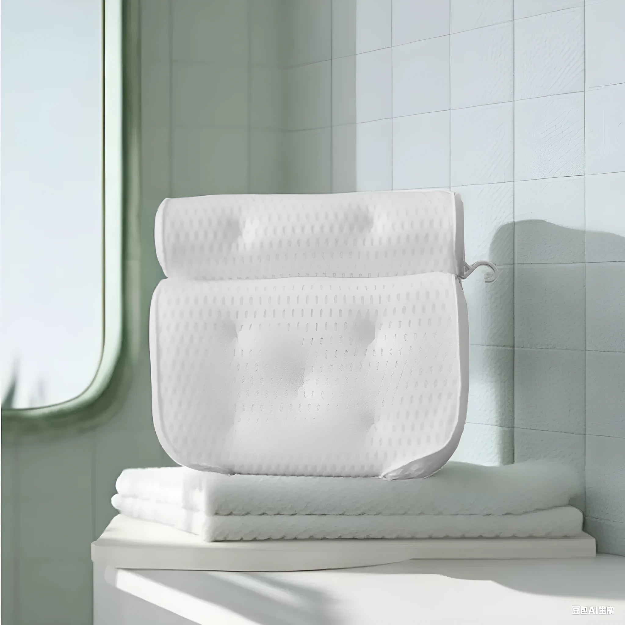 White bathtub pillow with mesh design and suction cups on underside