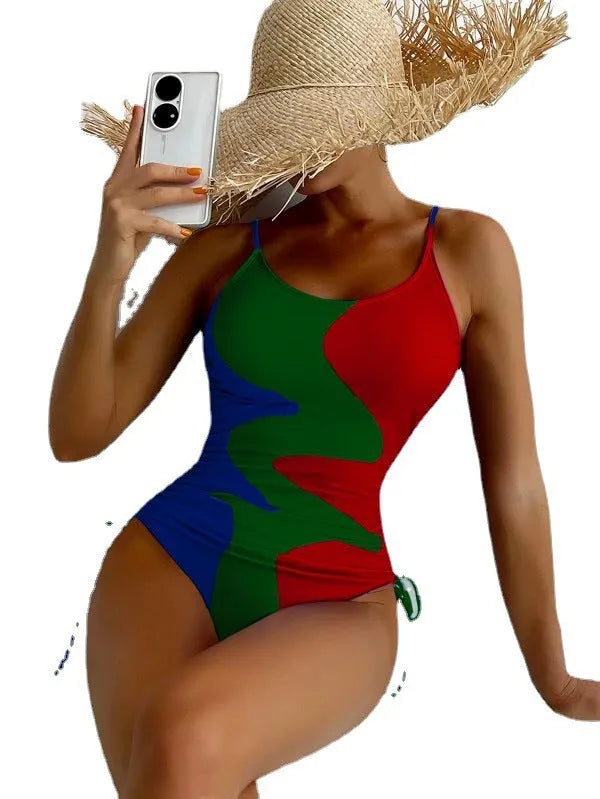 Women's blue sleeveless backless one-piece swimsuit with fixed swimming trunks for swimming sports