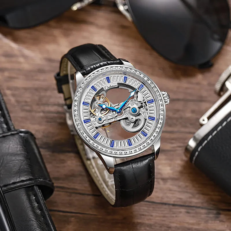 Men's luxury 6046A waterproof mechanical watch with onion crown and transparent case back