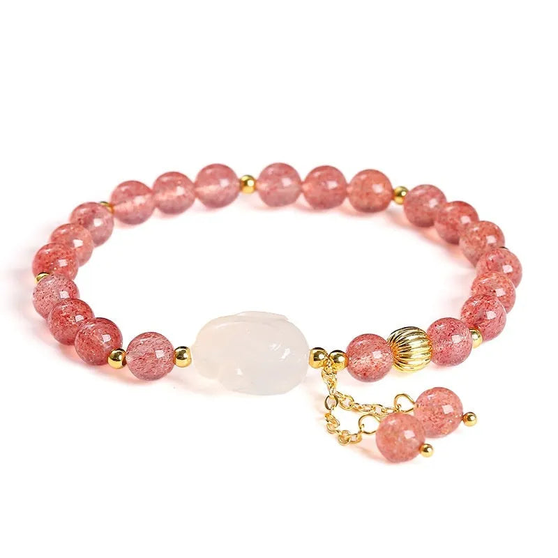 Strawberry quartz agate White Rabbit bracelet with 6mm geometric round beads for women