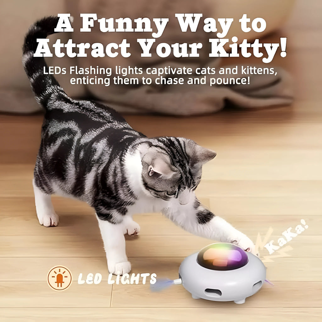 White UFO-shaped automatic cat toy with colourful feathers and LED lights