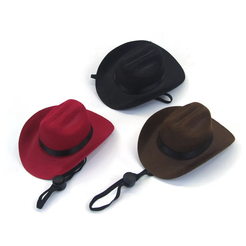 Adjustable pet dog cowboy hat in brown shown on a small dog for size reference.